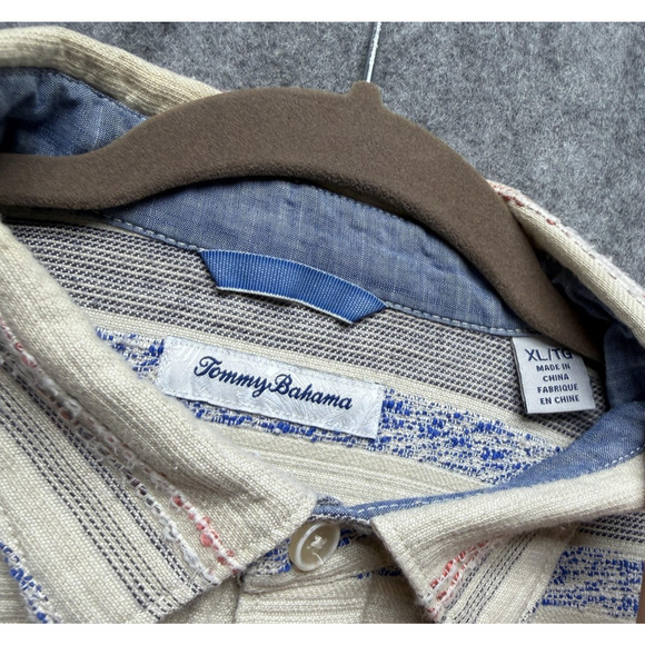 Tommy Bahama Shirt Mens XL Beige Blue Woven Stripe Button Front Casual - Picture 7 of 13